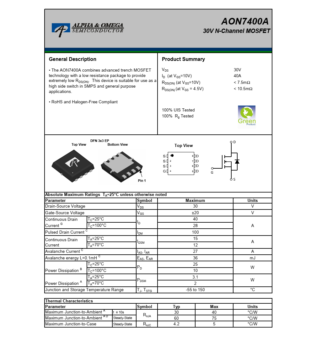 AON7400A品牌美國(guó)萬(wàn)代DFN5*6封裝，原廠技術(shù)支持