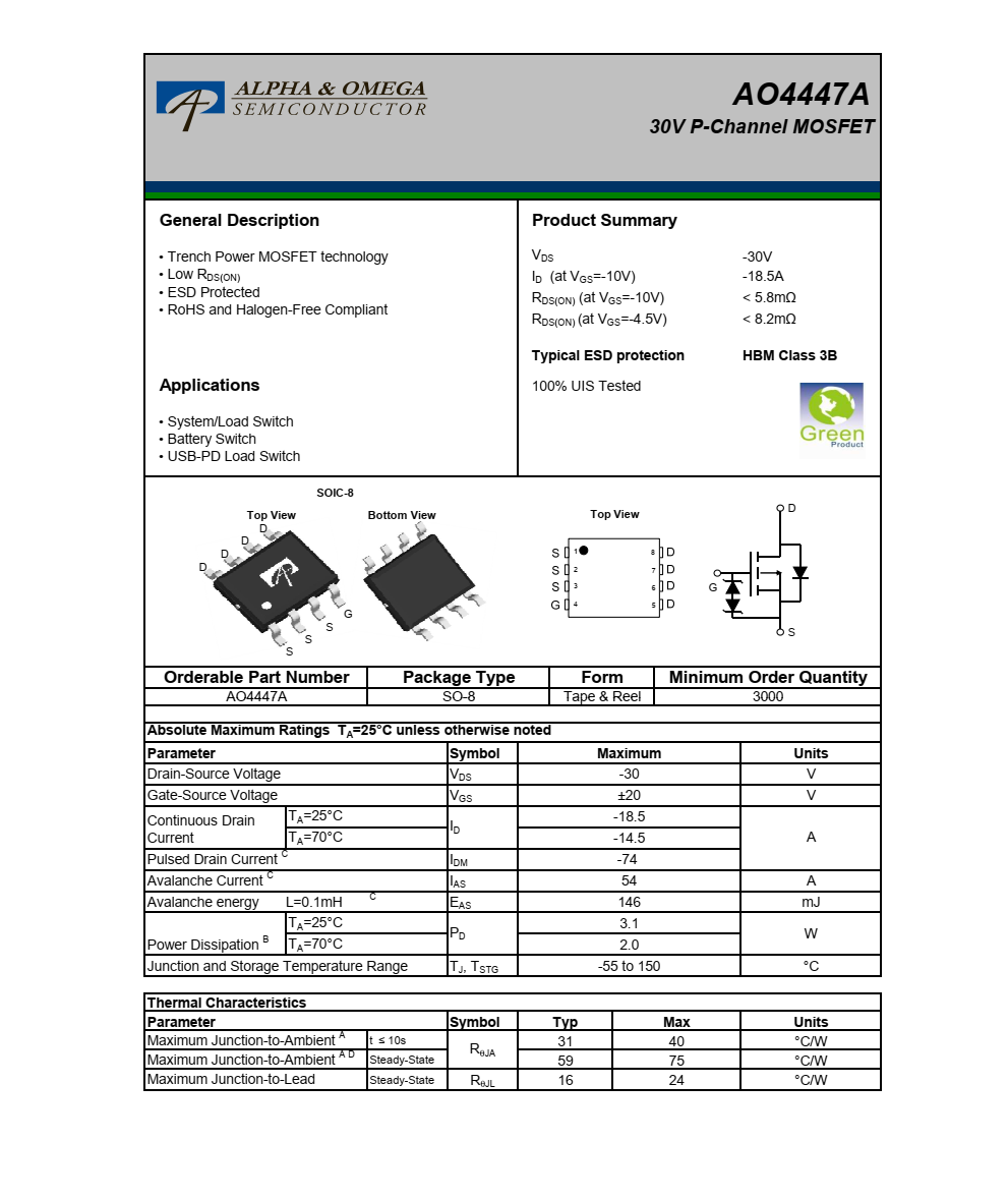 原裝現貨AO4447A封裝SOIC-8品牌美國萬代，質量可靠