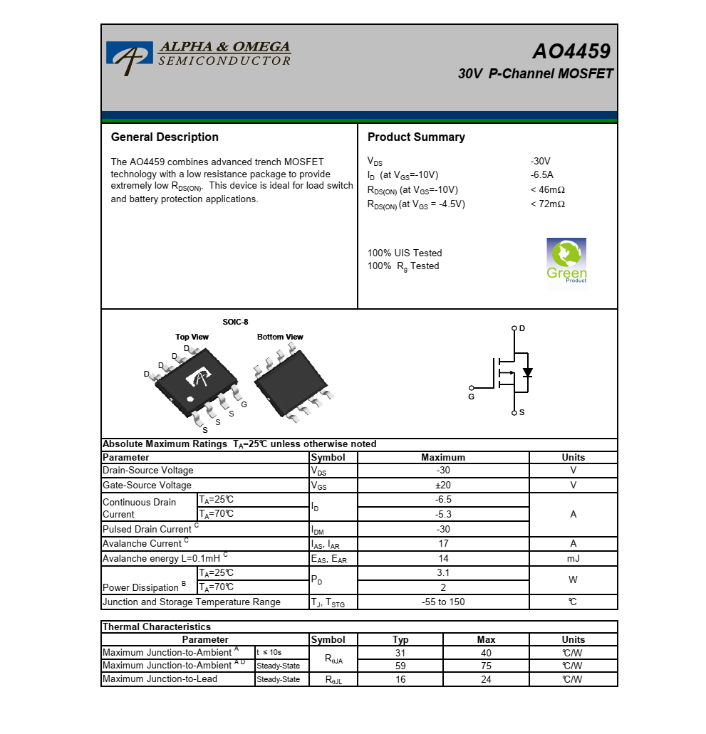 原裝供應(yīng)AO4459，封裝SOIC-8品牌美國萬代，技術(shù)支持