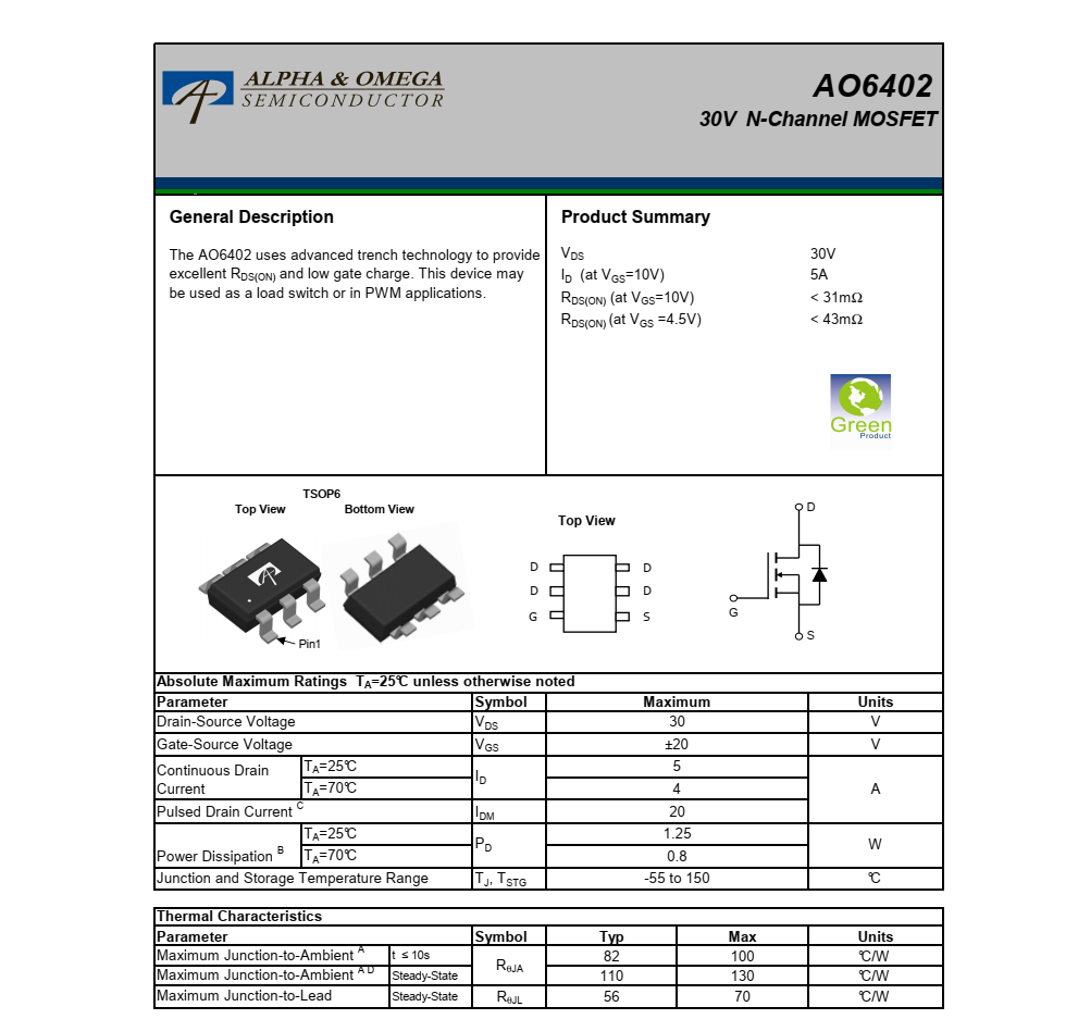 全新供應(yīng)AO6402品牌美國萬代TSOP6封裝，原廠技術(shù)支持