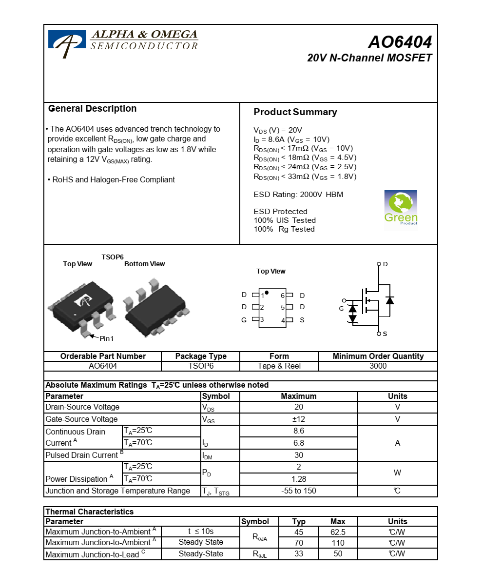 全新現(xiàn)貨AO6404封裝TSOP6品牌美國萬代，質量可靠