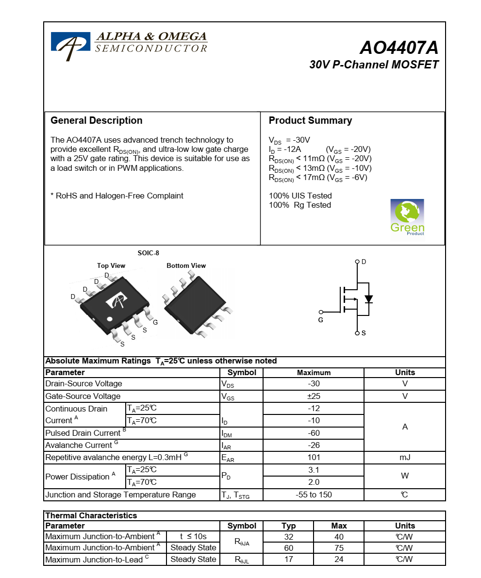 AO4407A品牌美國(guó)萬(wàn)代SOIC-8封裝，原廠技術(shù)支持