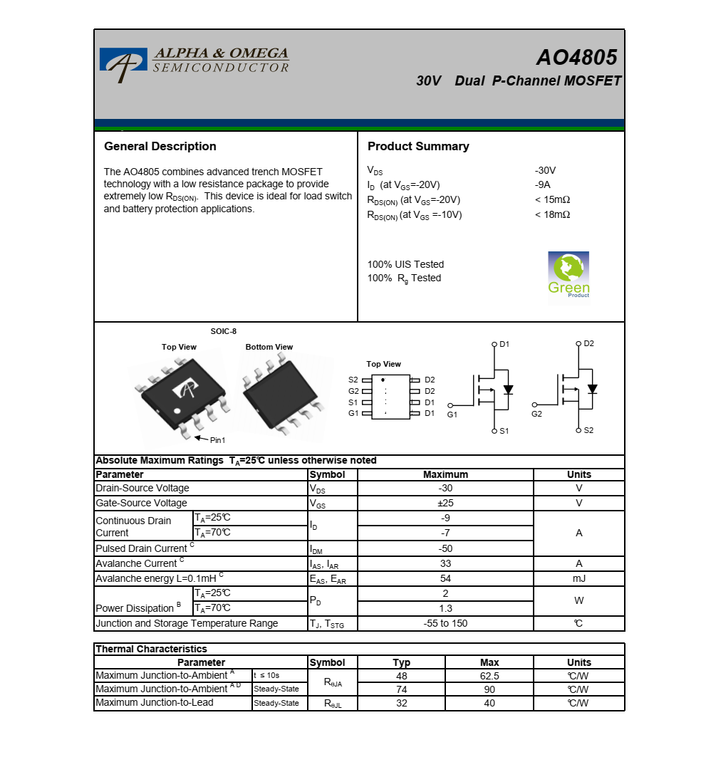 AO4805品牌美國萬代SOIC-8封裝，原廠技術支持