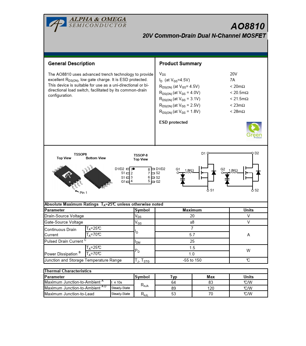 全新正品供應(yīng)AO8810品牌美國(guó)萬(wàn)代TSSOP8封裝