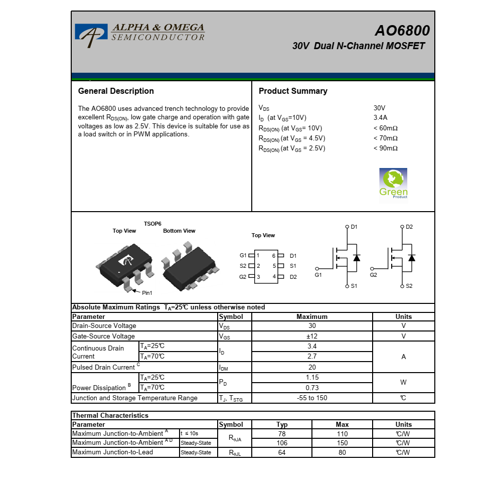 原裝供應(yīng)AO6800封裝TSOP6品牌美國萬代，質(zhì)量可靠