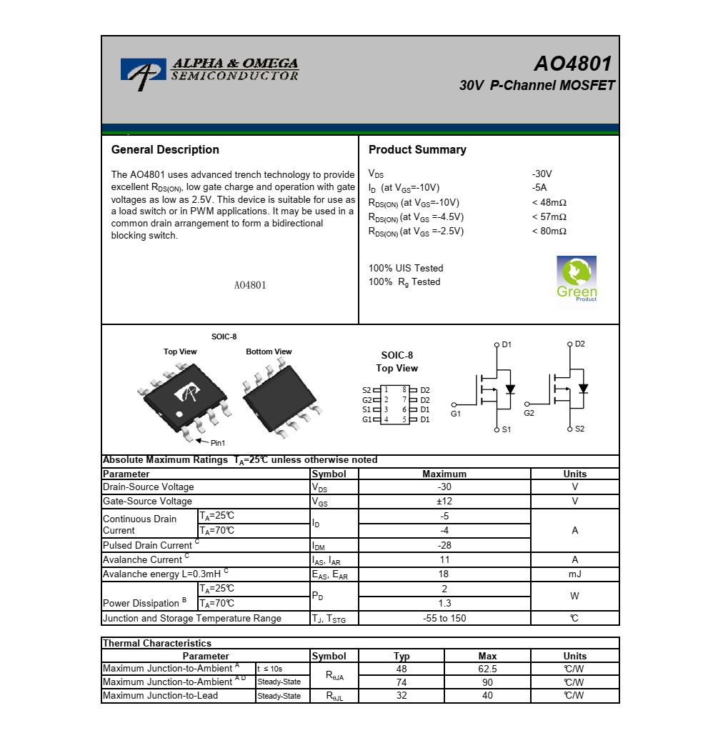 全新供應(yīng)AO4801封裝SOIC-8品牌美國萬代，質(zhì)量可靠