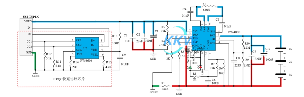 PD 和 QC 快充充電器 2A 給三節(jié) 12.6V 鋰電池充電芯片方案 PW4000 136號(hào)