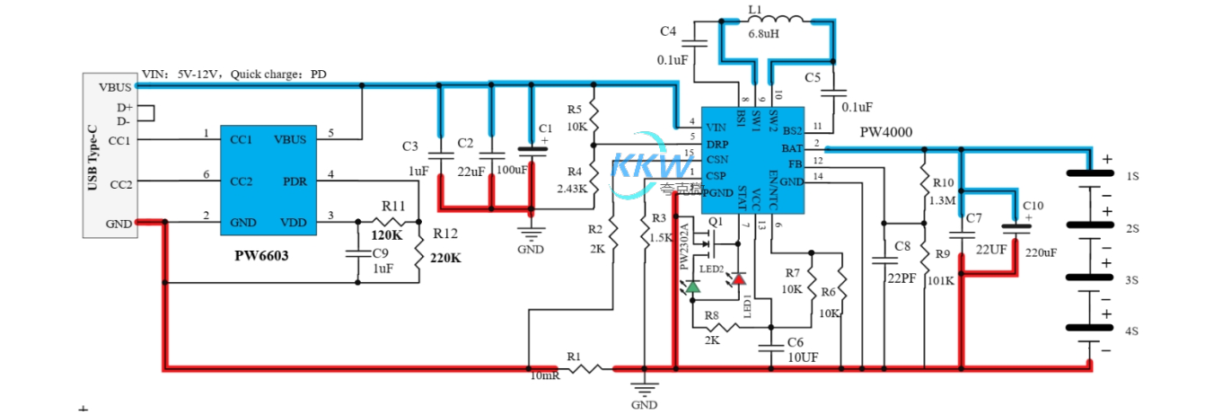 5V-12V 給四節(jié)串聯(lián)鋰電池充電芯片方案 PW4000， USB 快充輸入 120號(hào)